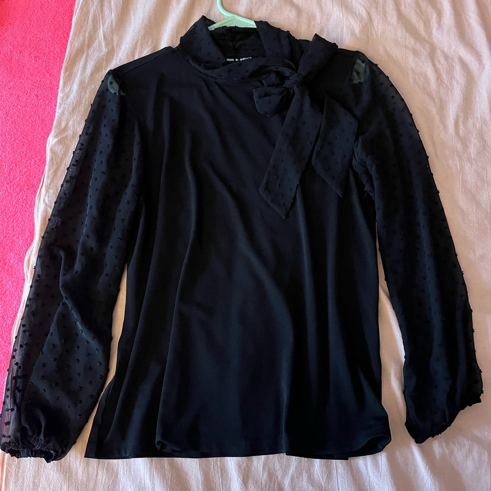 Black Sheer Sleeve Blouse with Bow Tie Neck